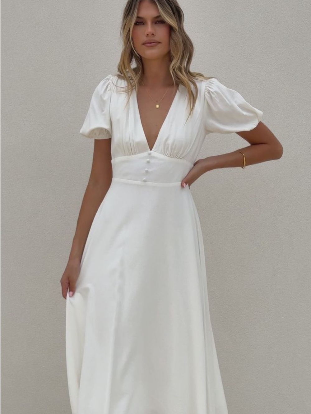 V-Neck White Midi Dress with Puff Sleeves